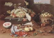 Jan Van Kessel the Younger Still life of a watermelon,pears,grapes and melons,plums,apricots and pears in a basket,with a dog surprising a monkey and fraises-de-bois spilling ou china oil painting image
